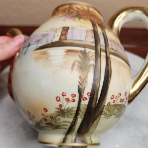 Vintage Nippon Hand Painted Palm Tree Tea Set Porcelain Good Condition - Picture 7 of 15